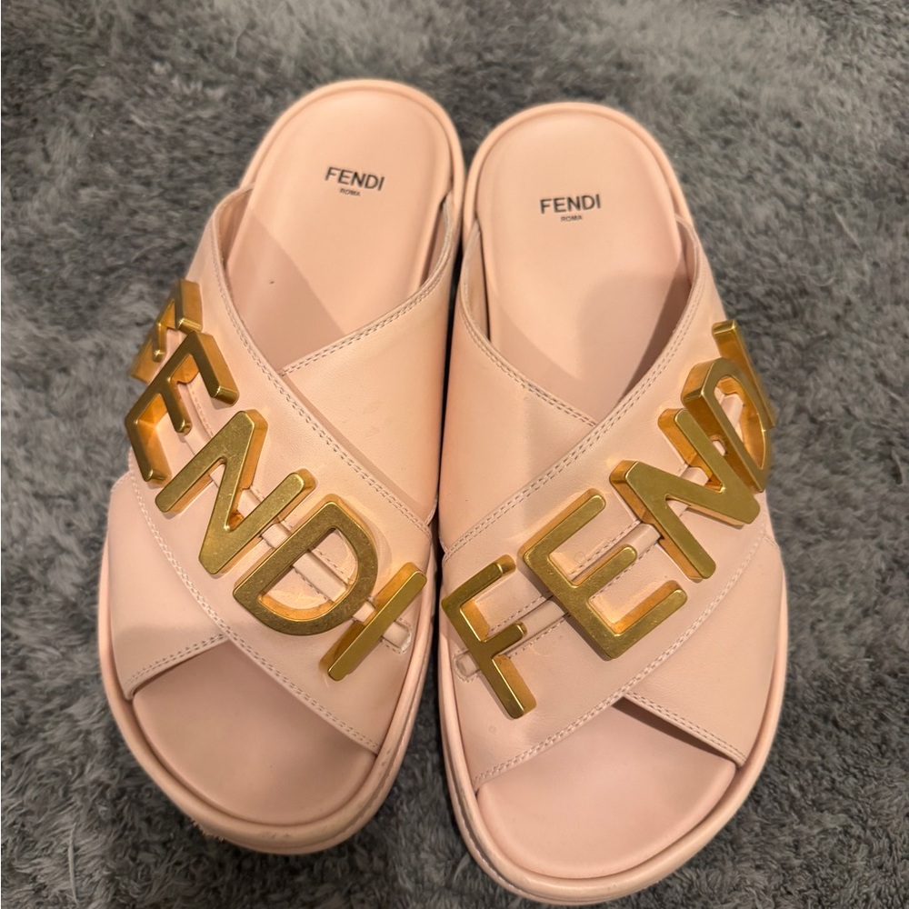 Fendi Women's Blush Sandals with Gold Lettering